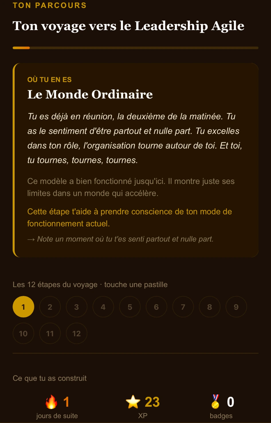 Le parcours en douze étapes, au stade du Monde Ordinaire